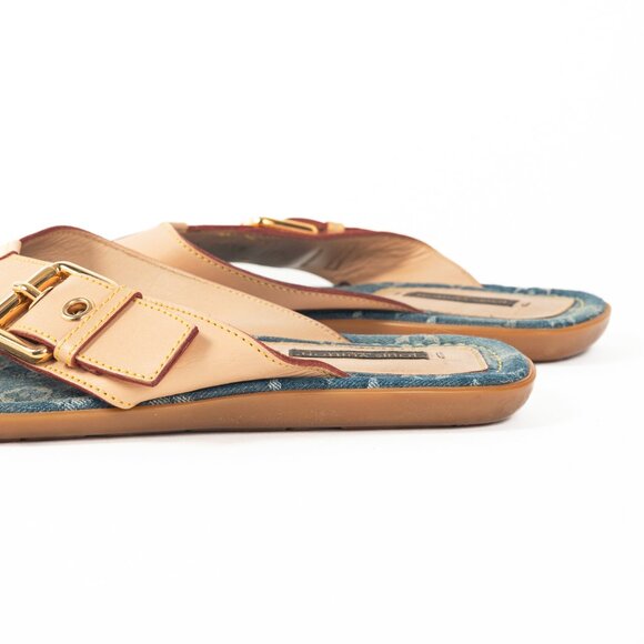 Louis Vuitton Natural Buckled-Leather & Monogram Denim Thong Sandals - Picture 9 of 11